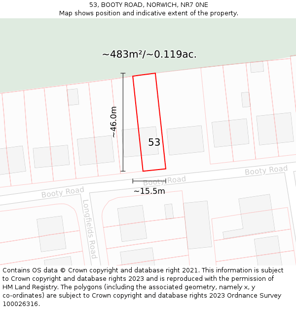 53, BOOTY ROAD, NORWICH, NR7 0NE: Plot and title map