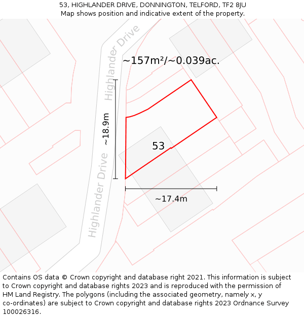 53, HIGHLANDER DRIVE, DONNINGTON, TELFORD, TF2 8JU: Plot and title map