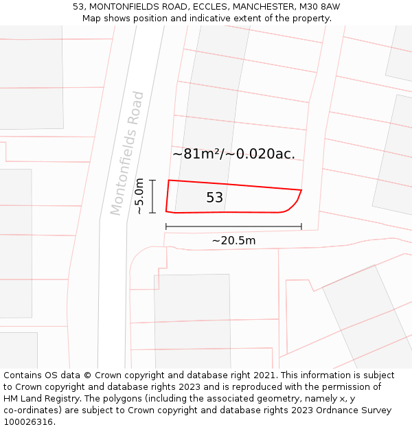53, MONTONFIELDS ROAD, ECCLES, MANCHESTER, M30 8AW: Plot and title map