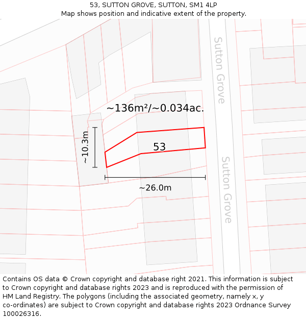 53, SUTTON GROVE, SUTTON, SM1 4LP: Plot and title map