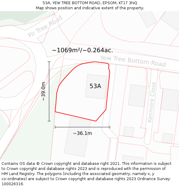 53A, YEW TREE BOTTOM ROAD, EPSOM, KT17 3NQ: Plot and title map
