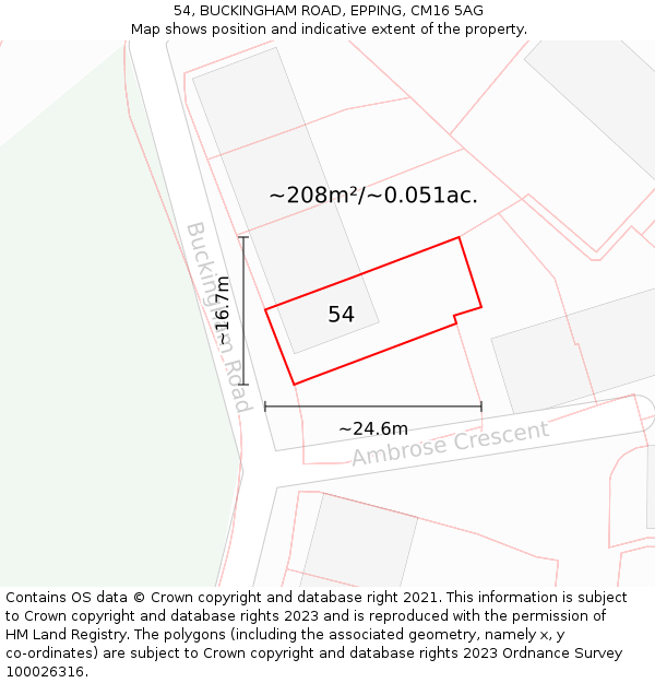 54, BUCKINGHAM ROAD, EPPING, CM16 5AG: Plot and title map
