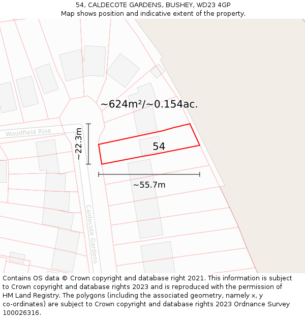 54, CALDECOTE GARDENS, BUSHEY, WD23 4GP: Plot and title map