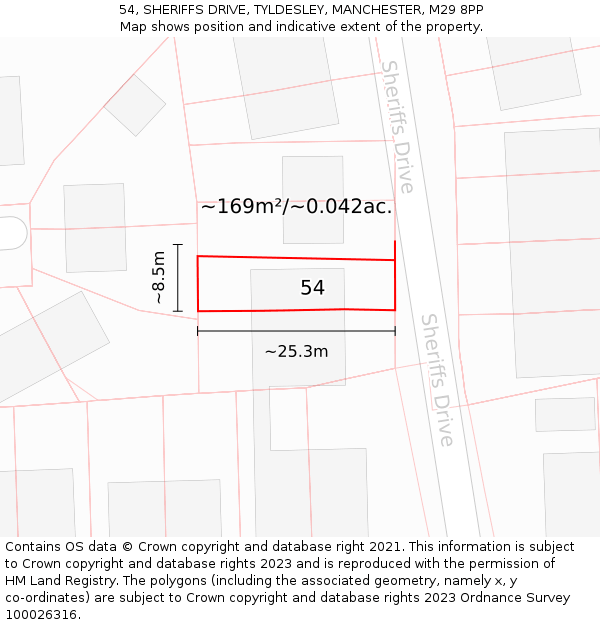 54, SHERIFFS DRIVE, TYLDESLEY, MANCHESTER, M29 8PP: Plot and title map