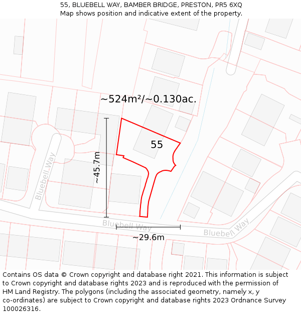 55, BLUEBELL WAY, BAMBER BRIDGE, PRESTON, PR5 6XQ: Plot and title map