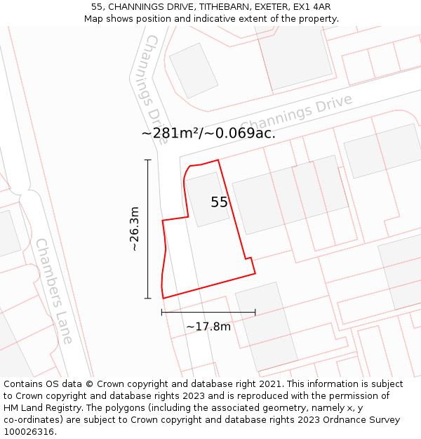 55, CHANNINGS DRIVE, TITHEBARN, EXETER, EX1 4AR: Plot and title map