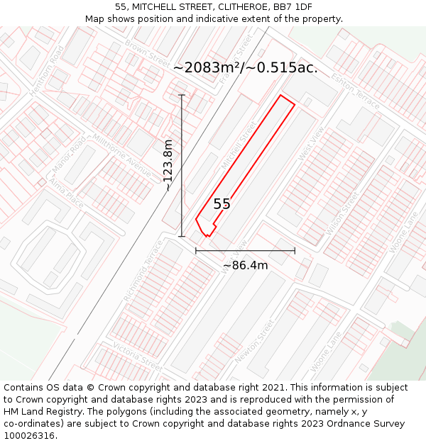 55, MITCHELL STREET, CLITHEROE, BB7 1DF: Plot and title map