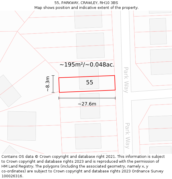 55, PARKWAY, CRAWLEY, RH10 3BS: Plot and title map