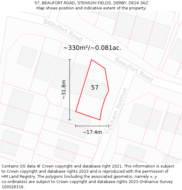 57, BEAUFORT ROAD, STENSON FIELDS, DERBY, DE24 3AZ: Plot and title map