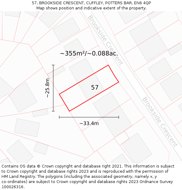 57, BROOKSIDE CRESCENT, CUFFLEY, POTTERS BAR, EN6 4QP: Plot and title map
