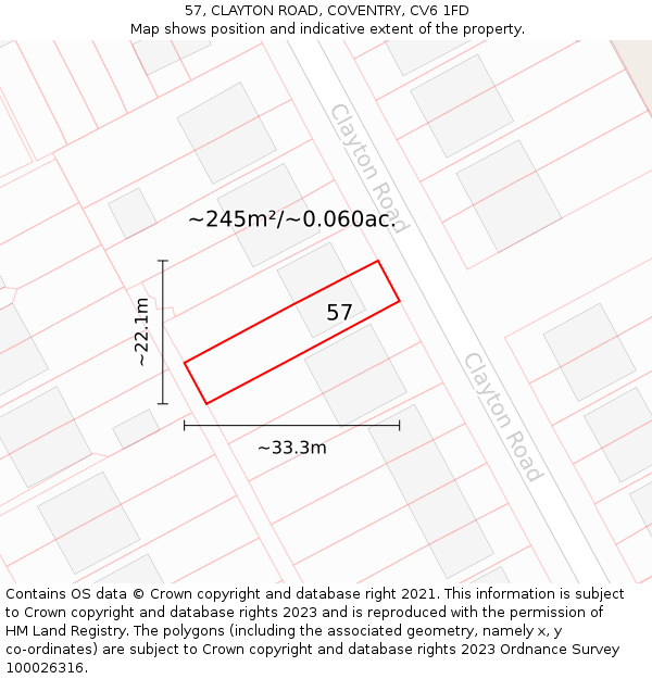 57, CLAYTON ROAD, COVENTRY, CV6 1FD: Plot and title map