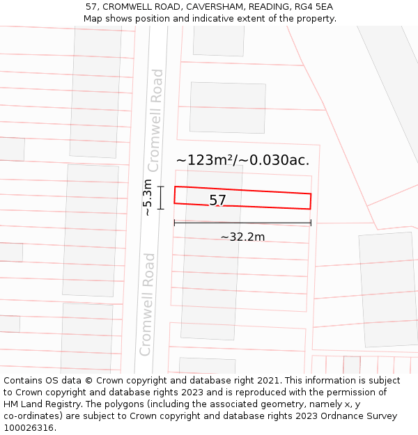 57, CROMWELL ROAD, CAVERSHAM, READING, RG4 5EA: Plot and title map