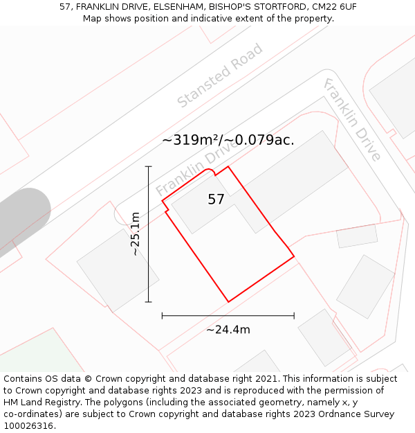 57, FRANKLIN DRIVE, ELSENHAM, BISHOP'S STORTFORD, CM22 6UF: Plot and title map
