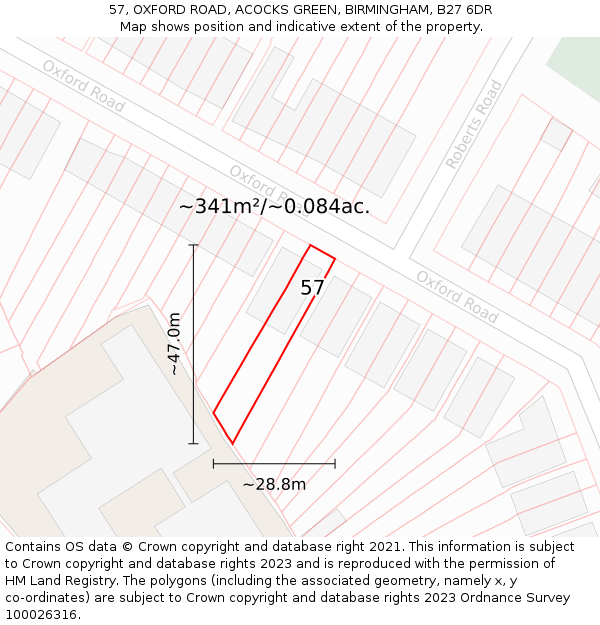57, OXFORD ROAD, ACOCKS GREEN, BIRMINGHAM, B27 6DR: Plot and title map