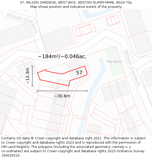 57, WILSON GARDENS, WEST WICK, WESTON-SUPER-MARE, BS24 7GL: Plot and title map