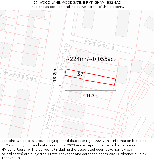 57, WOOD LANE, WOODGATE, BIRMINGHAM, B32 4AD: Plot and title map