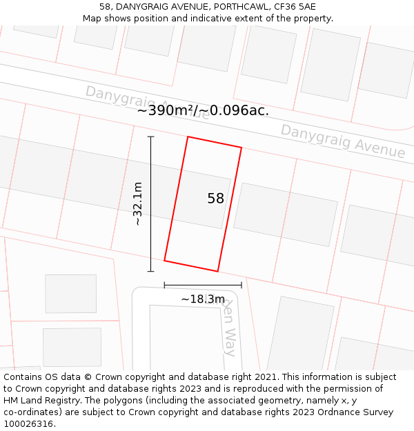 58, DANYGRAIG AVENUE, PORTHCAWL, CF36 5AE: Plot and title map