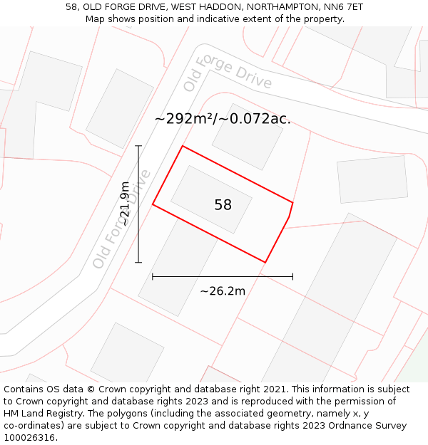 58, OLD FORGE DRIVE, WEST HADDON, NORTHAMPTON, NN6 7ET: Plot and title map