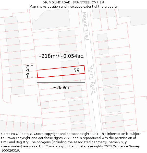 59, MOUNT ROAD, BRAINTREE, CM7 3JA: Plot and title map