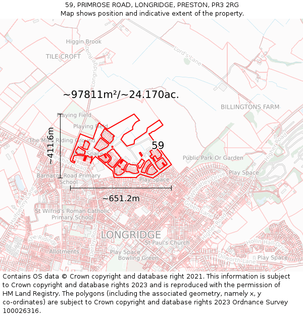 59, PRIMROSE ROAD, LONGRIDGE, PRESTON, PR3 2RG: Plot and title map