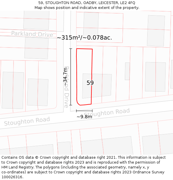 59, STOUGHTON ROAD, OADBY, LEICESTER, LE2 4FQ: Plot and title map