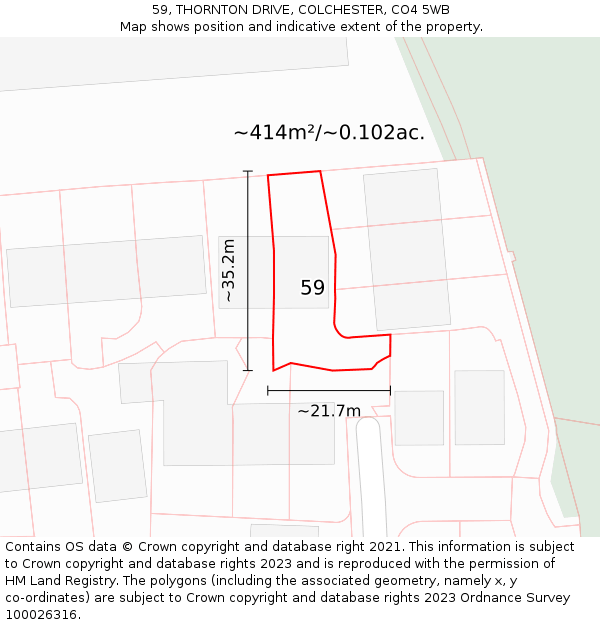 59, THORNTON DRIVE, COLCHESTER, CO4 5WB: Plot and title map