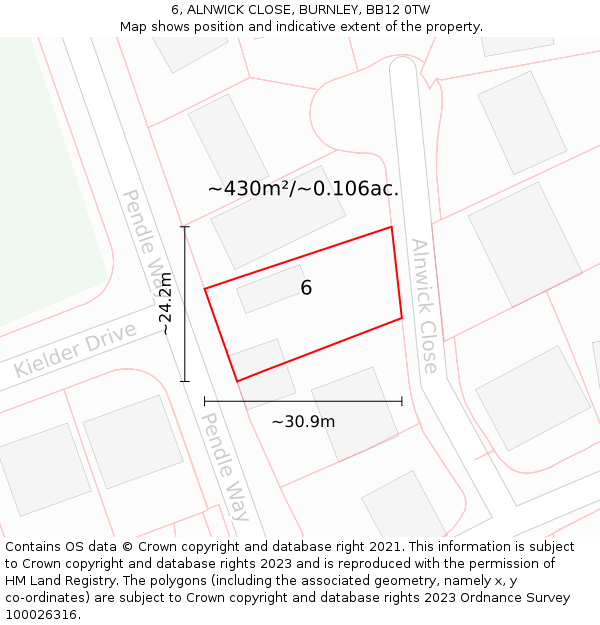 6, ALNWICK CLOSE, BURNLEY, BB12 0TW: Plot and title map