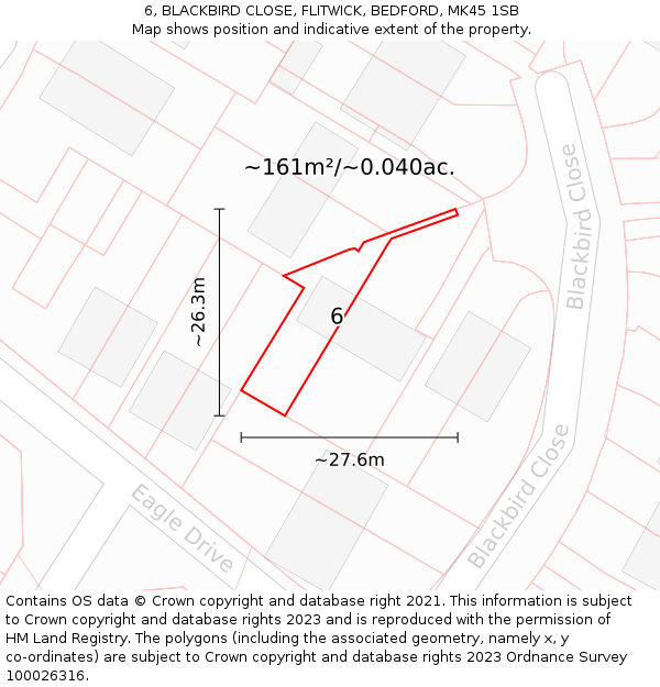 6, BLACKBIRD CLOSE, FLITWICK, BEDFORD, MK45 1SB: Plot and title map