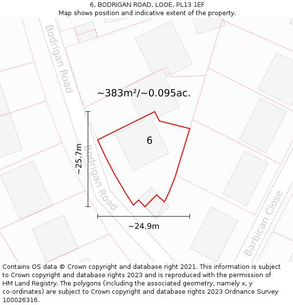 6, BODRIGAN ROAD, LOOE, PL13 1EF: Plot and title map