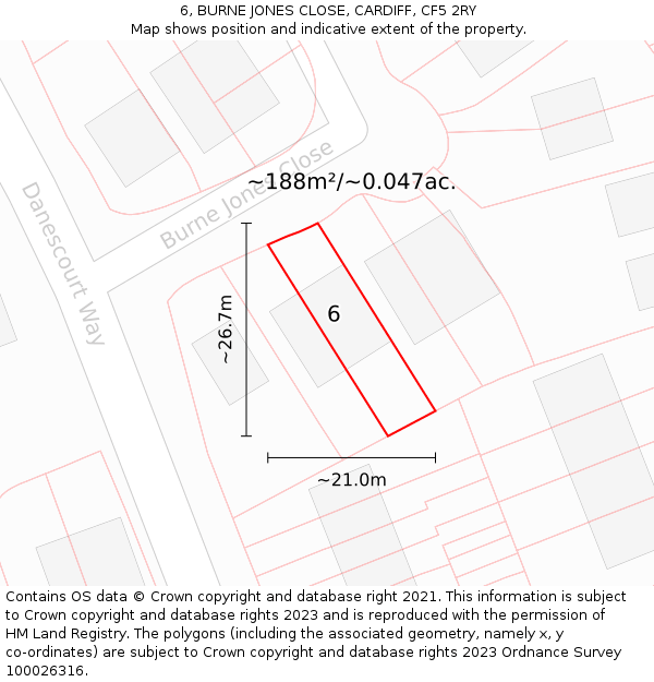 6, BURNE JONES CLOSE, CARDIFF, CF5 2RY: Plot and title map
