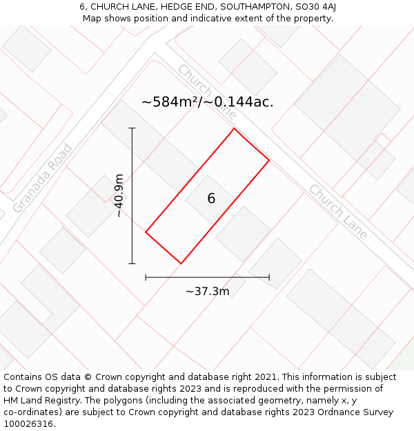 6, CHURCH LANE, HEDGE END, SOUTHAMPTON, SO30 4AJ: Plot and title map
