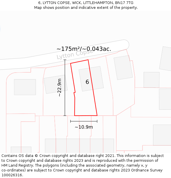 6, LYTTON COPSE, WICK, LITTLEHAMPTON, BN17 7TG: Plot and title map
