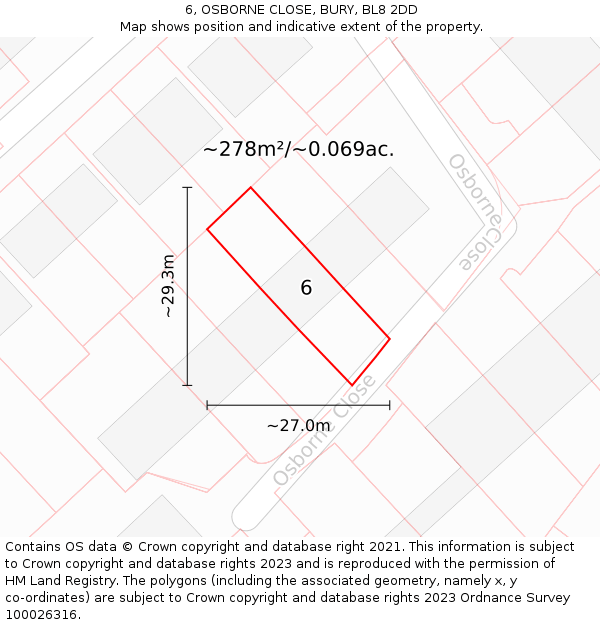 6, OSBORNE CLOSE, BURY, BL8 2DD: Plot and title map