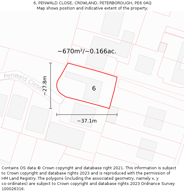 6, PENWALD CLOSE, CROWLAND, PETERBOROUGH, PE6 0AQ: Plot and title map