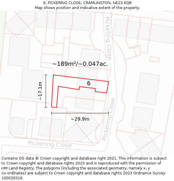 6, PICKERING CLOSE, CRAMLINGTON, NE23 6QB: Plot and title map