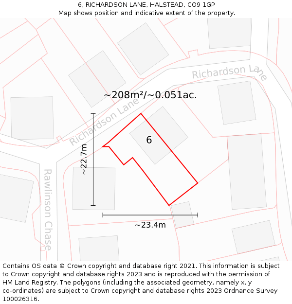 6, RICHARDSON LANE, HALSTEAD, CO9 1GP: Plot and title map