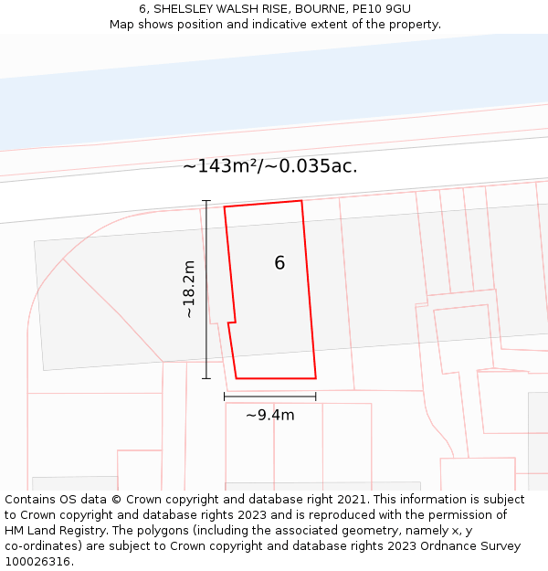 6, SHELSLEY WALSH RISE, BOURNE, PE10 9GU: Plot and title map