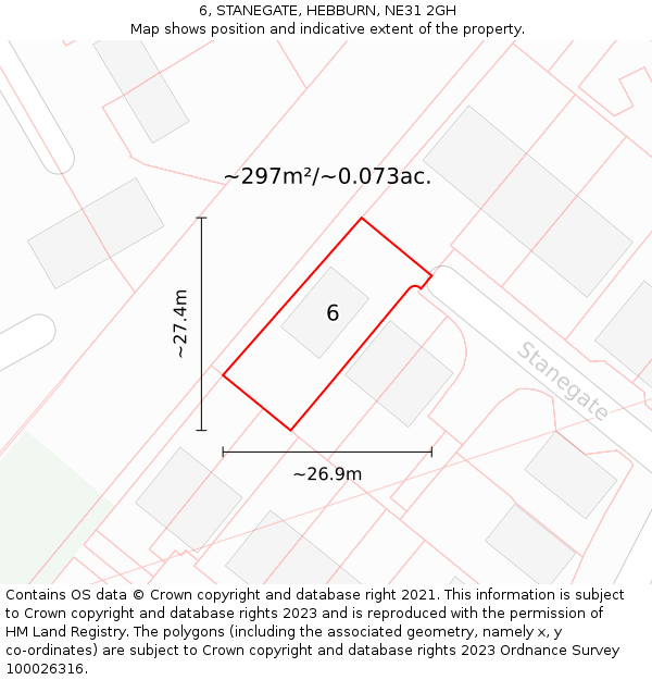 6, STANEGATE, HEBBURN, NE31 2GH: Plot and title map