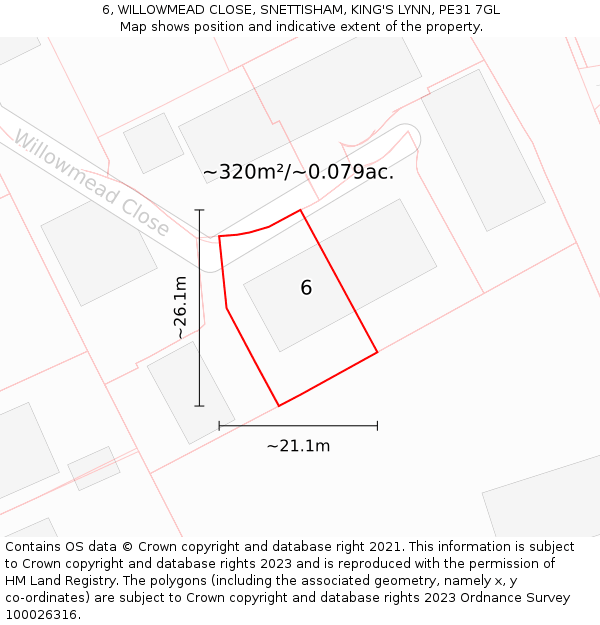 6, WILLOWMEAD CLOSE, SNETTISHAM, KING'S LYNN, PE31 7GL: Plot and title map