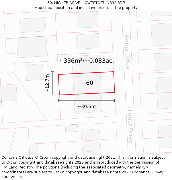 60, HIGHER DRIVE, LOWESTOFT, NR32 3DB: Plot and title map