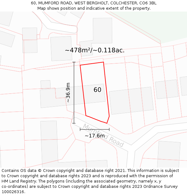 60, MUMFORD ROAD, WEST BERGHOLT, COLCHESTER, CO6 3BL: Plot and title map
