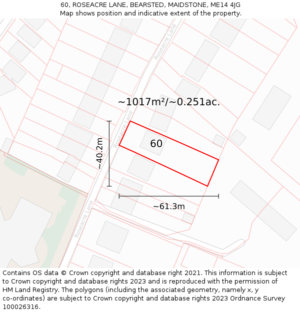 60, ROSEACRE LANE, BEARSTED, MAIDSTONE, ME14 4JG: Plot and title map
