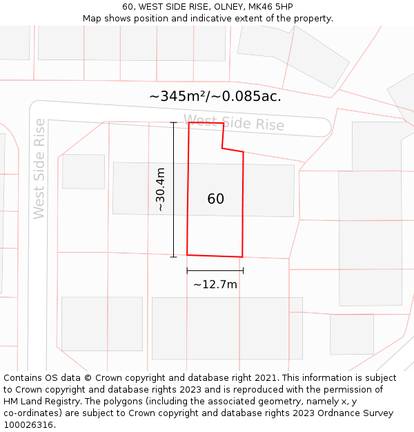 60, WEST SIDE RISE, OLNEY, MK46 5HP: Plot and title map
