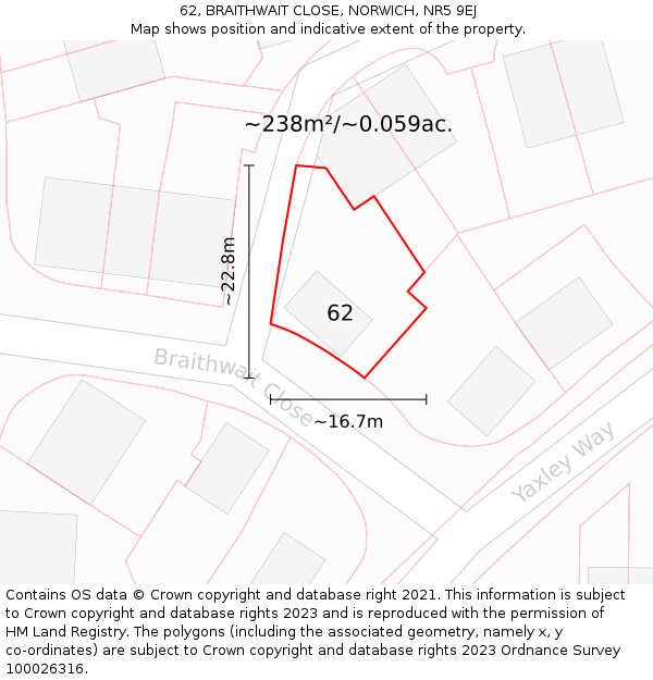 62, BRAITHWAIT CLOSE, NORWICH, NR5 9EJ: Plot and title map