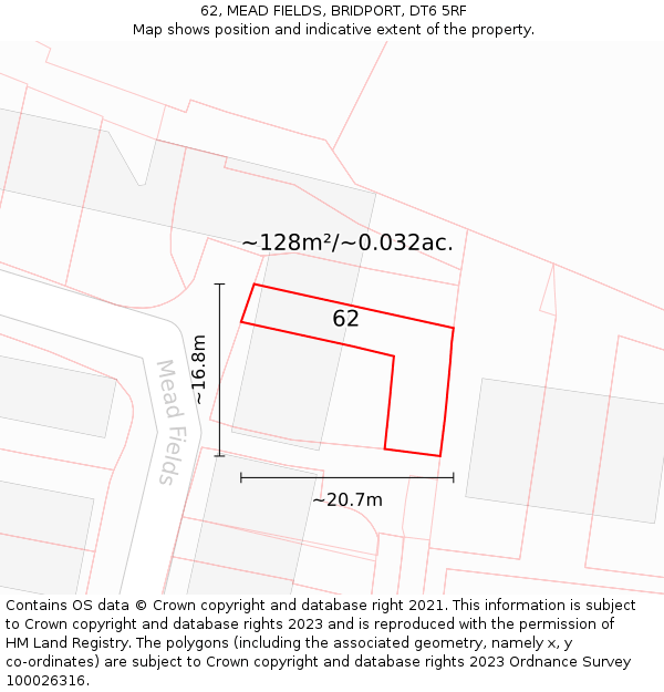 62, MEAD FIELDS, BRIDPORT, DT6 5RF: Plot and title map