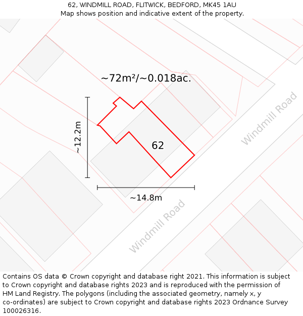 62, WINDMILL ROAD, FLITWICK, BEDFORD, MK45 1AU: Plot and title map