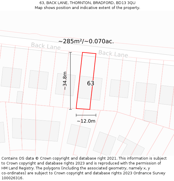 63, BACK LANE, THORNTON, BRADFORD, BD13 3QU: Plot and title map