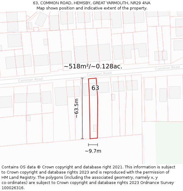 63, COMMON ROAD, HEMSBY, GREAT YARMOUTH, NR29 4NA: Plot and title map