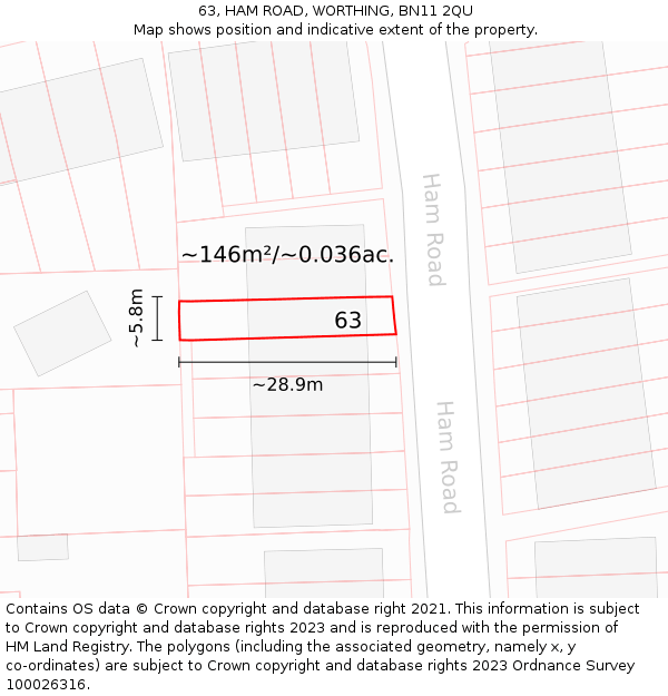63, HAM ROAD, WORTHING, BN11 2QU: Plot and title map