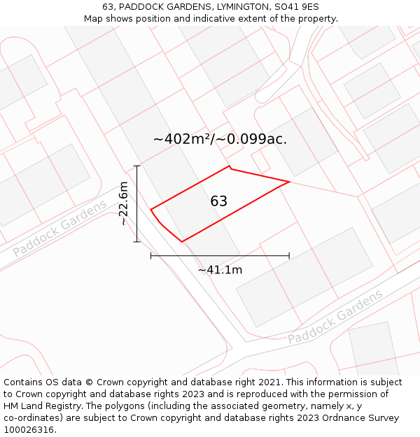 63, PADDOCK GARDENS, LYMINGTON, SO41 9ES: Plot and title map